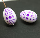 20mm Easter eggs czech glass beads, White purple ornament, 2Pc