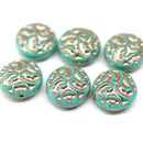 14mm Turquoise green coin czech glass beads, ornament copper wash, 6Pc
