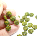 9mm Olive green Czech glass daisy flower beads 20pc