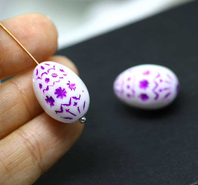 20mm Easter eggs czech glass beads, White purple ornament, 2Pc