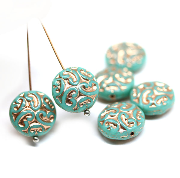 14mm Turquoise green coin czech glass beads, ornament copper wash, 6Pc