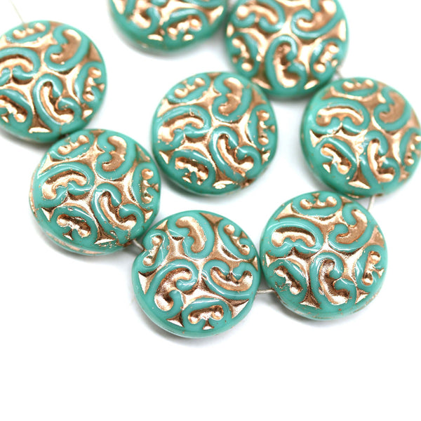 14mm Turquoise green coin czech glass beads, ornament copper wash, 6Pc