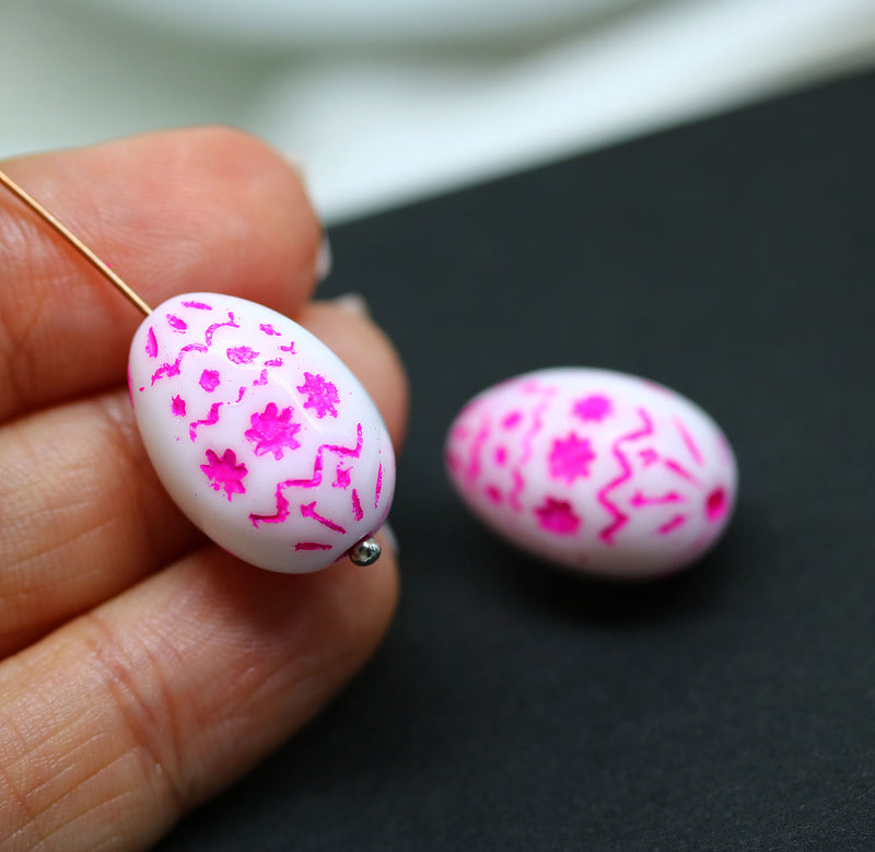 20mm Easter eggs czech glass beads, White pink ornament, 2Pc