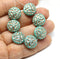 14mm Turquoise green coin czech glass beads, ornament copper wash, 6Pc