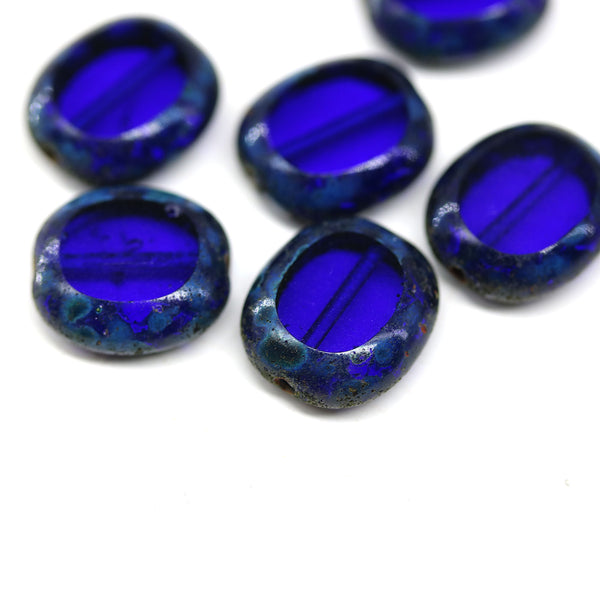 14x12mm Picasso cobalt blue oval beads czech glass, 6Pc