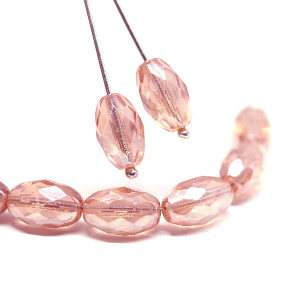 12x8mm Pink luster barrel czech glass fire polished oval beads, 4Pc