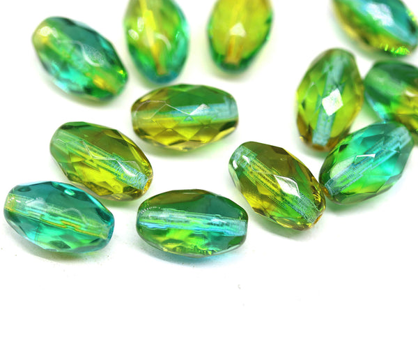 12x8mm Yellow green barrel czech glass fire polished oval beads, 6Pc