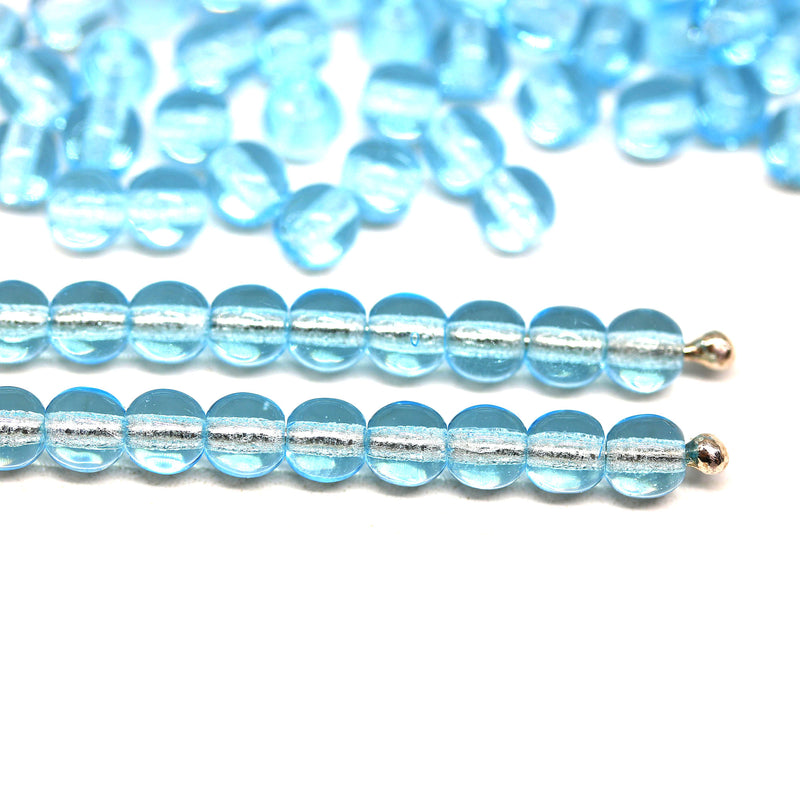 4mm Aqua blue czech glass beads round druk spacers, 90Pc