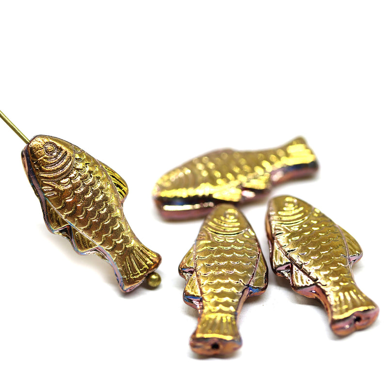 25x12mm Golden Czech glass fish beads, 4pc