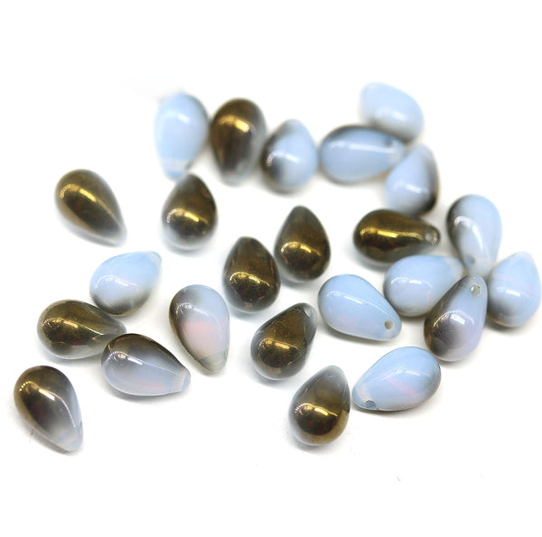 6x9mm Opal blue czech glass teardrop beads with bronze luster, 30pc