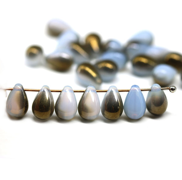 6x9mm Opal blue czech glass teardrop beads with bronze luster, 30pc