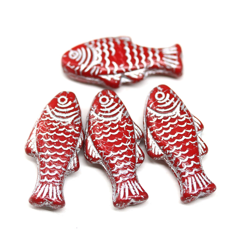 25x12mm Red silver wash Czech glass fish beads, 4pc