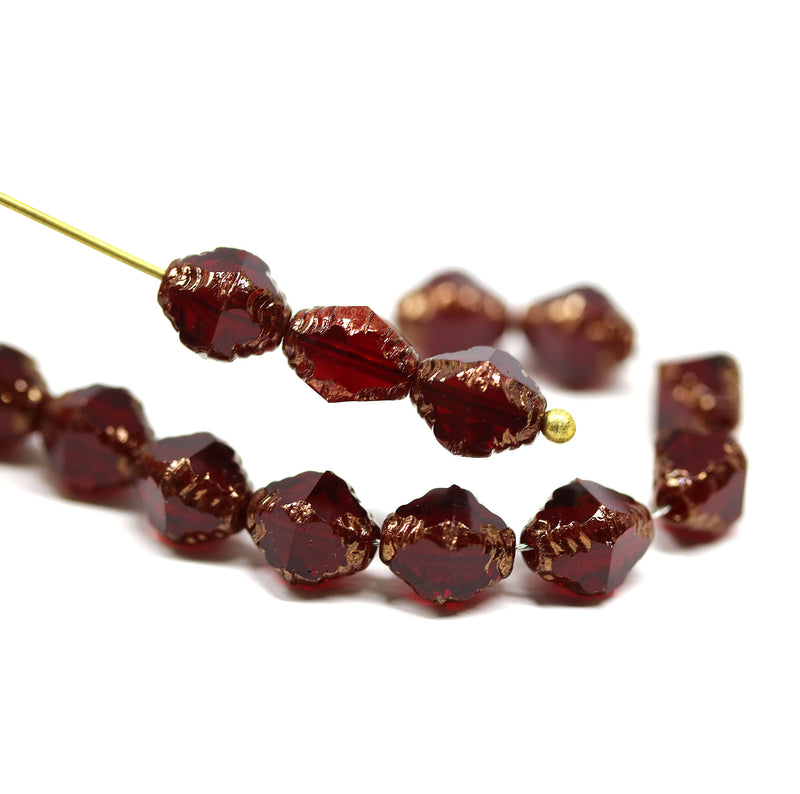 8x6mm Garnet red bicone czech glass beads gold edges - 15Pc