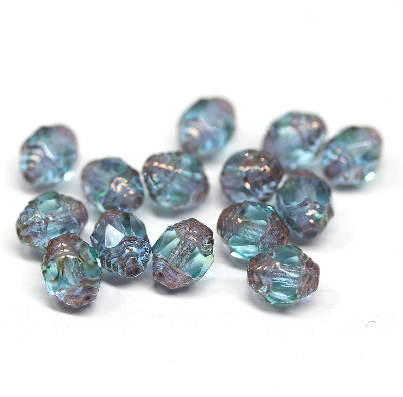 8x6mm Blue green cathedral czech glass barrel beads fire polished 15Pc