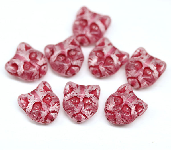 10pc Crystal clear cat head Czech glass beads red inlays