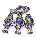 25x12mm Dark blue gold wash Czech glass fish beads, 4pc