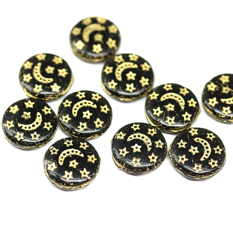 13mm Black and gold celestial beads Moon and stars, 10pc