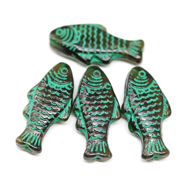 25x12mm Dark olive green with wash Czech glass fish beads, 4pc