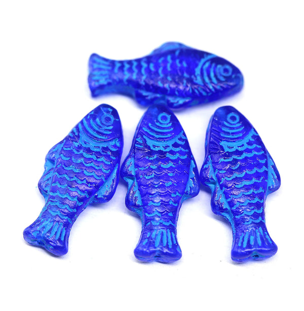 25x12mm Blue with wash Czech glass fish beads, 4pc