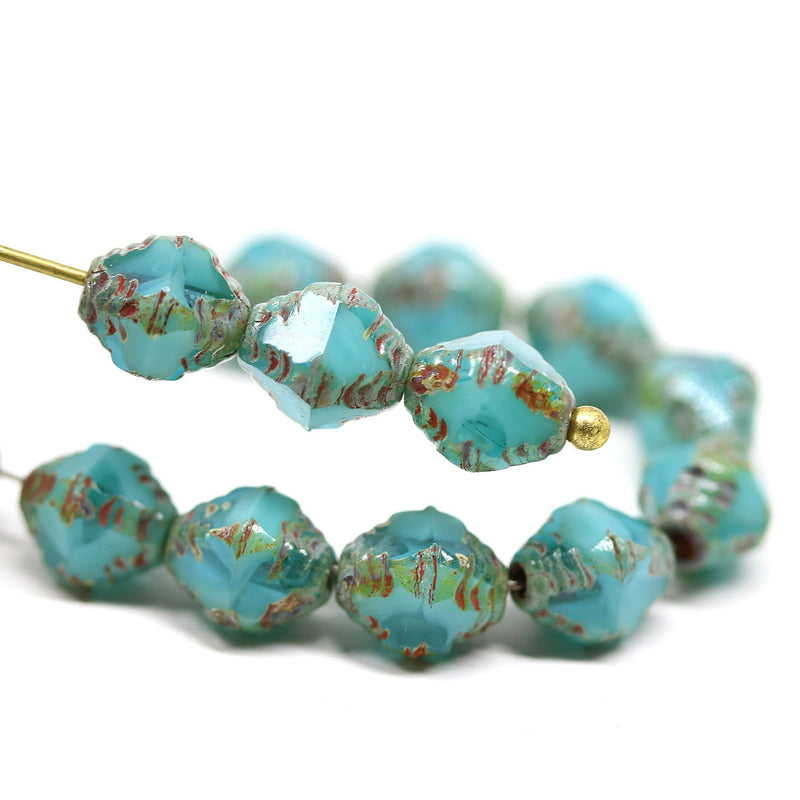 8x6mm Turquoise bicone czech glass beads picasso edges - 15Pc