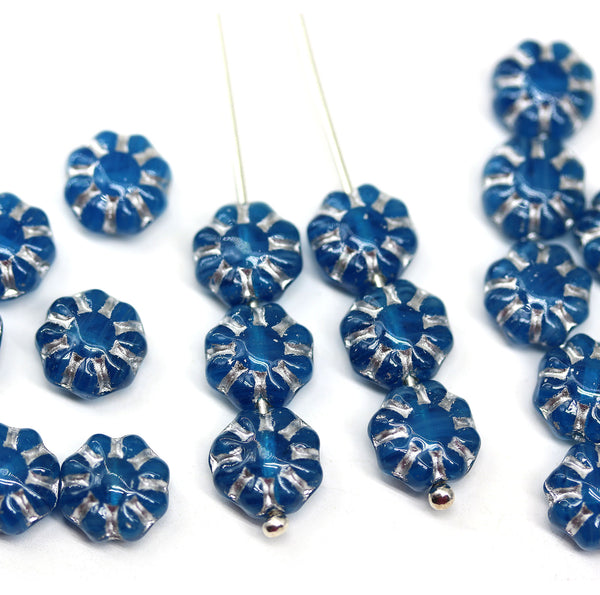 9mm Opal blue Czech glass daisy flower beads, silver wash, 20pc