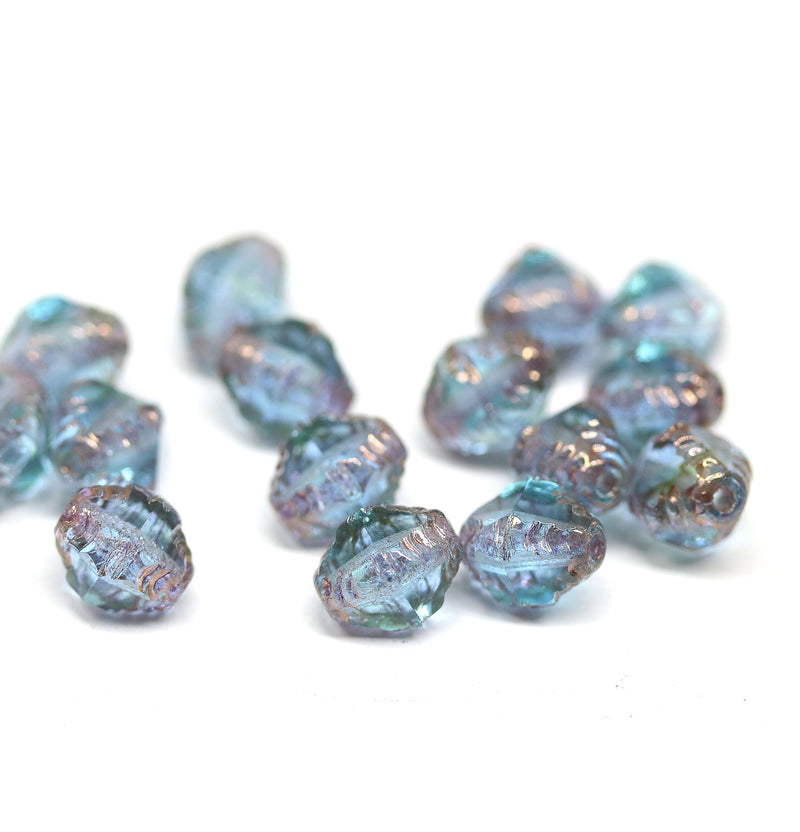 8x6mm Light blue bicone czech glass beads gold edges - 15Pc