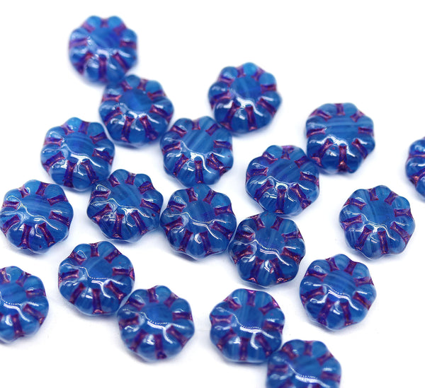 9mm Opal blue Czech glass daisy flower beads, purple wash, 20pc