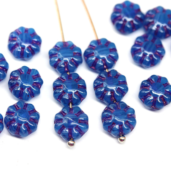 9mm Opal blue Czech glass daisy flower beads, purple wash, 20pc