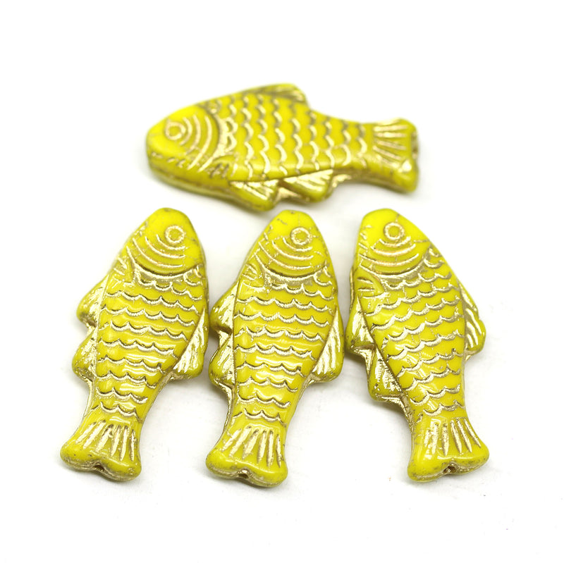 25x12mm Yellow gold wash Czech glass fish beads, 4pc