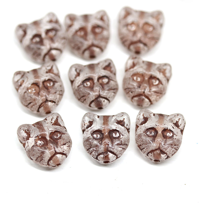 10pc Crystal clear cat head Czech glass beads brown inlays