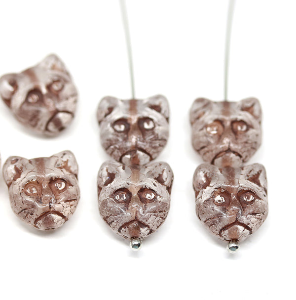 10pc Crystal clear cat head Czech glass beads brown inlays