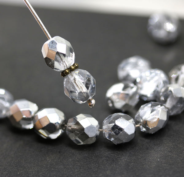 8mm Clear with silver coating Czech glass fire polished round beads - 15Pc