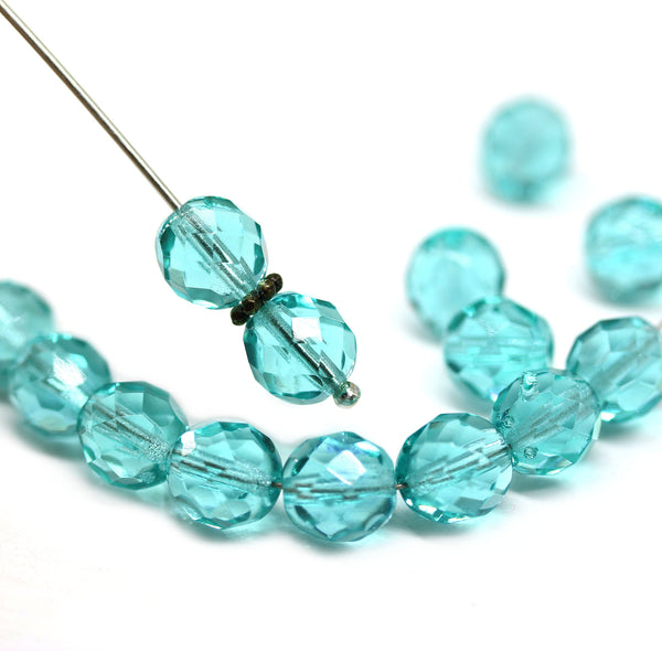 8mm Light teal czech glass fire polished beads - 15Pc