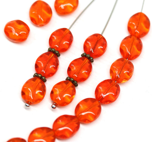 9x8mm Orange red flat oval wavy czech glass beads, 20Pc
