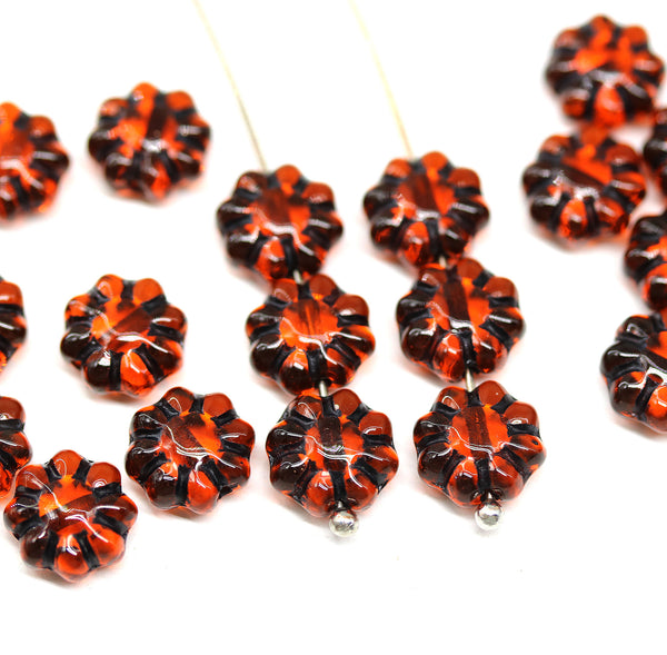 9mm Dark orange black inlays daisy flower czech glass beads, 20Pc
