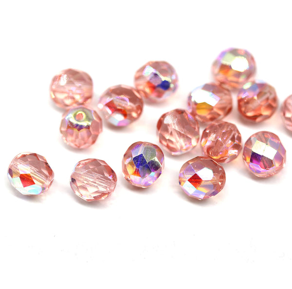 8mm Peach pink Czech glass fire polished round beads, AB finish - 15Pc