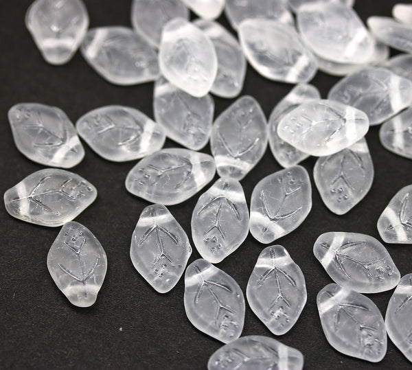 12x7mm Frosted clear glass leaf beads 40pc