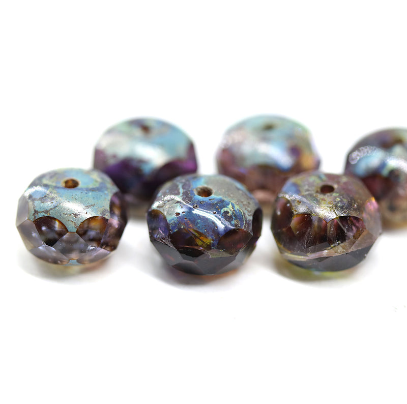 7x11mm Blue purple fire polished rondelle Czech glass beads, 6pc