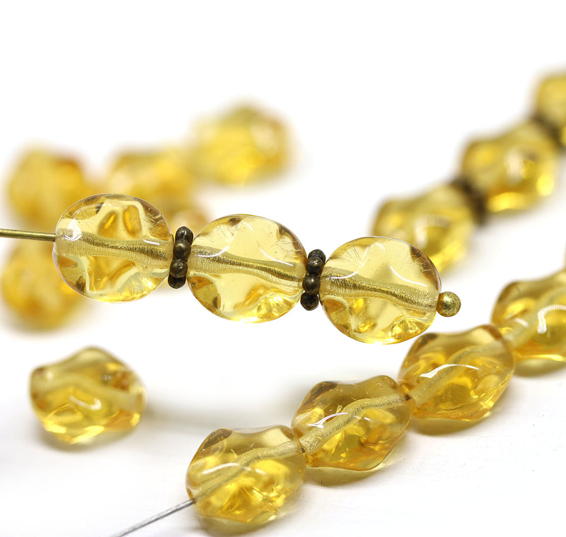 9x8mm Yellow topaz flat oval wavy czech glass beads, 20Pc