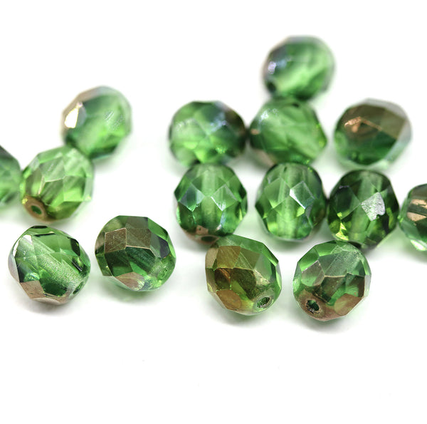 8mm Green czech glass fire polished beads with bronze luster - 15Pc