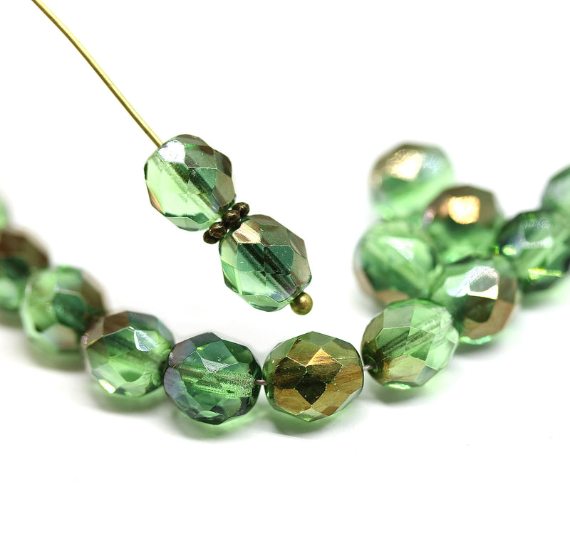 8mm Green czech glass fire polished beads with bronze luster - 15Pc
