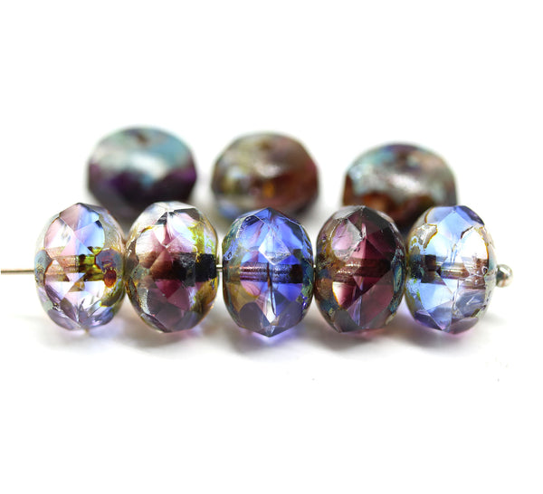 7x11mm Blue purple fire polished rondelle Czech glass beads, 6pc