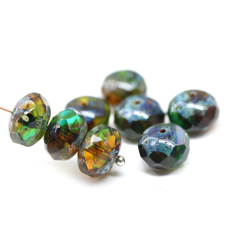7x11mm Brown green picasso rondelle Czech glass beads fire polished, 8pc