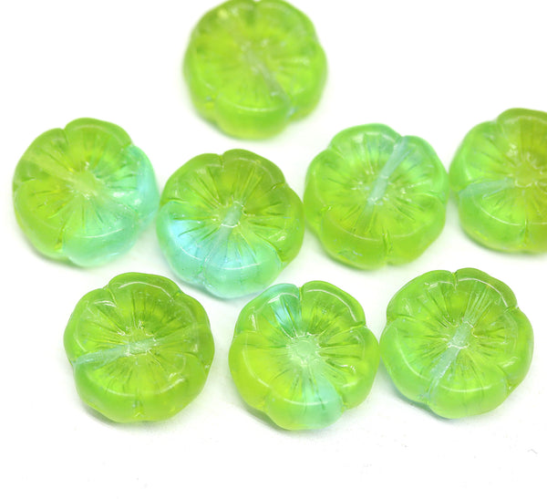 14mm Light Blue green pansy flower, Czech glass flat daisy - 8Pc
