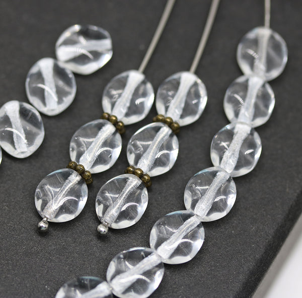 9x8mm Crystal clear flat oval wavy czech glass beads, 20Pc