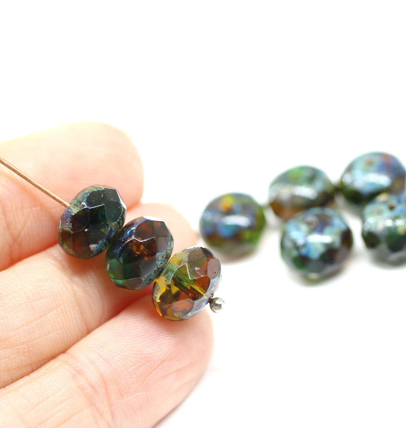 7x11mm Brown green picasso rondelle Czech glass beads fire polished, 8pc