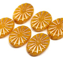 18x12mm Ocher yellow flat oval Czech glass beads sun rays, copper wash, 4pc