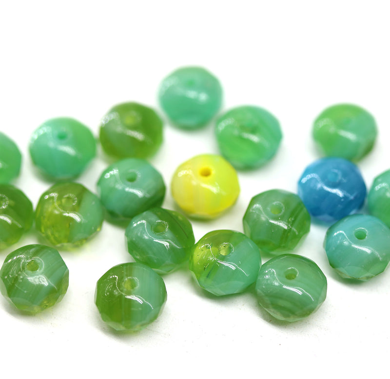 5x8mm Green Czech glass beads mixed color, Fire polished gemstone cut rondels, 20Pc