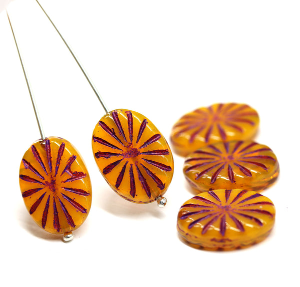 18x12mm Ocher yellow flat oval Czech glass beads sun rays, 4pc