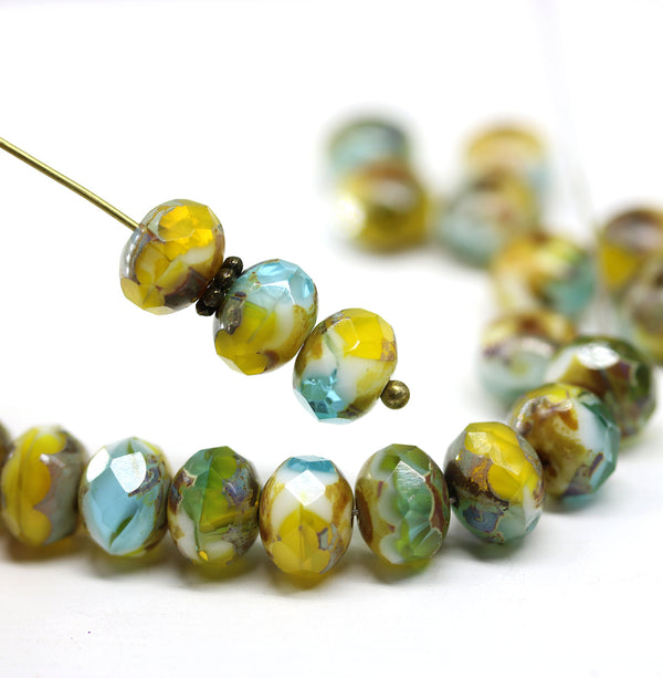 6x8mm Gemstone cut rondel beads Blue yellow picasso - 10pc